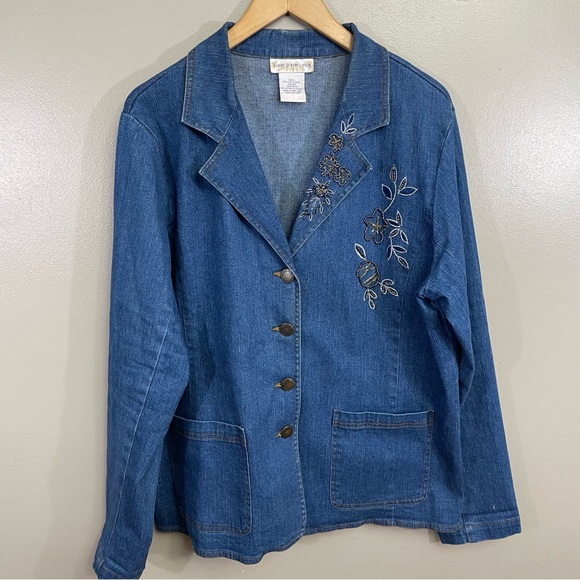 Susan Graver Jackets & Blazers - Susan Graver Jacket Womens Large Floral Beaded Embroidered Denim Blazer Stretch